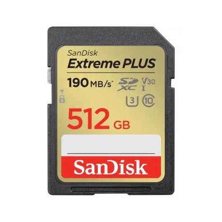 SanDisk Extreme PLUS 512 GB SDXC Memory Card 190 MB/s and 130 MB/s, UHS-I, Class 10, U3, V30